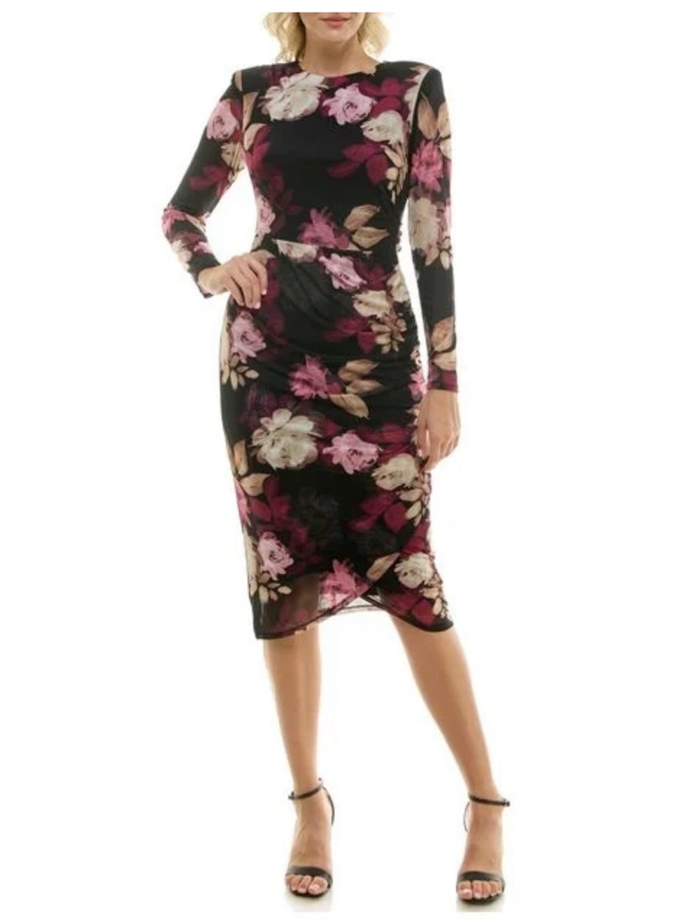 Taylor Black Long-Sleeve Floral Midi Dress with Pink and Cream Blooms